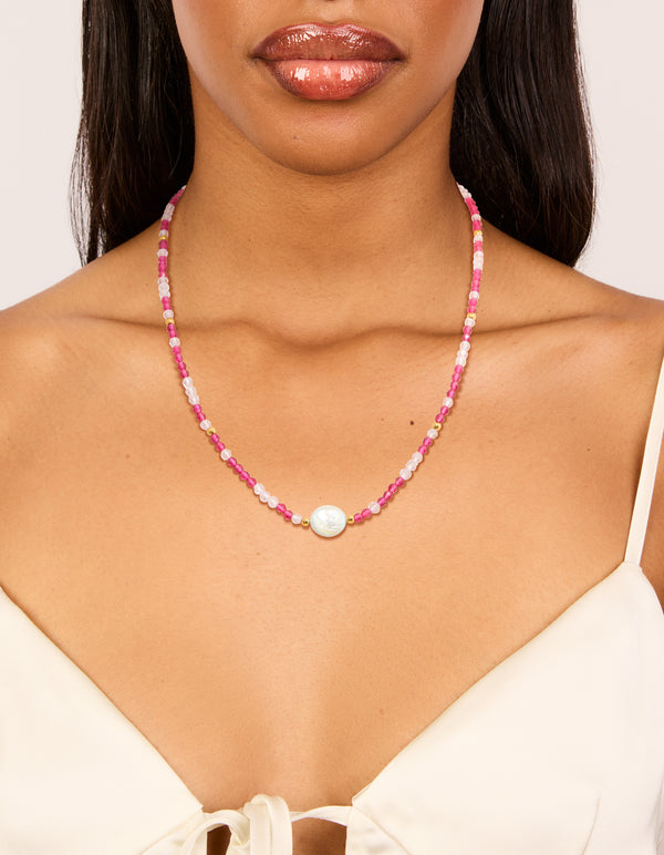 Waterproof Gold Plated Stainless Steel Pink Face Beaded & Pearl Necklace