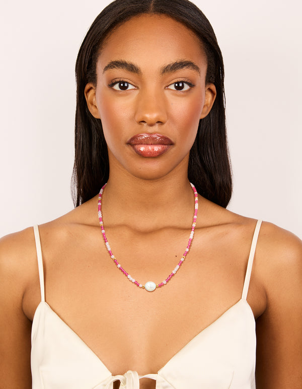 Waterproof Gold Plated Stainless Steel Pink Face Beaded & Pearl Necklace