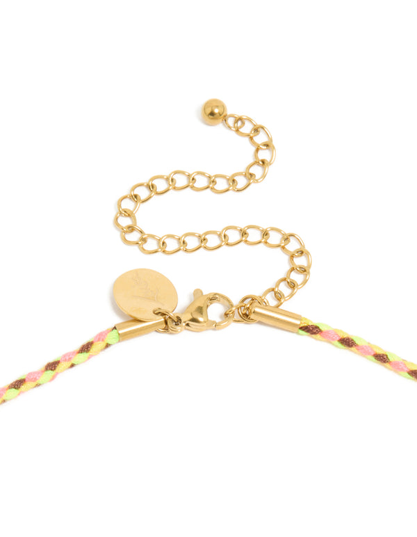 Waterproof Gold Plated Stainless Steel Diamante Multicoloured Cord Charm Necklace