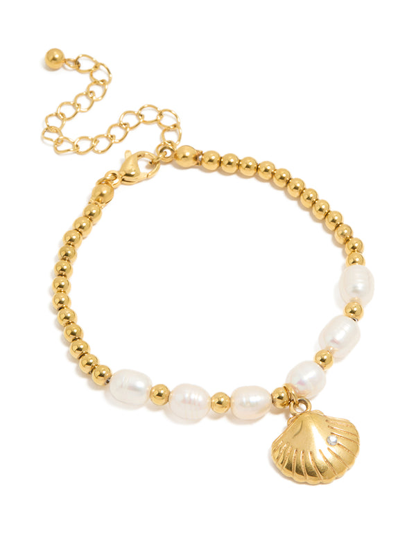 Waterproof Gold Plated Stainless Steel Freshwater Pearl & Shell Ball Bracelet