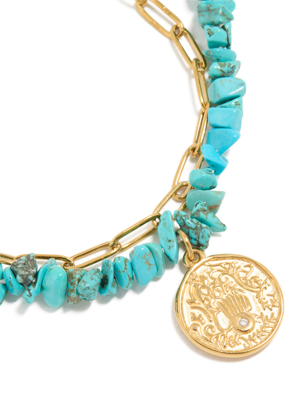 Waterproof Gold Plated Stainless Steel Coin & Turquoise Semi Precious Stone Chip Bracelets 2-Pack