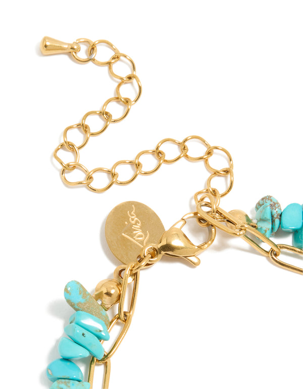 Waterproof Gold Plated Stainless Steel Coin & Turquoise Semi Precious Stone Chip Bracelets 2-Pack