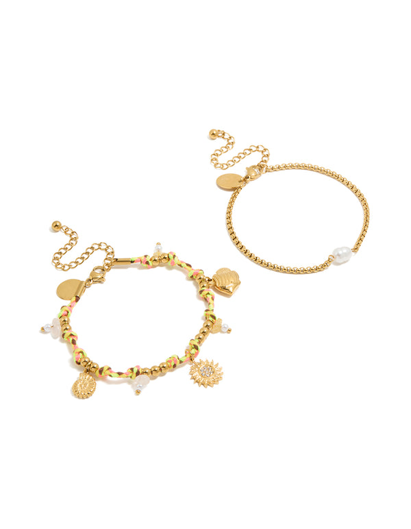 Discover waterproof gold plated stainless steel freshwater pearl and multicoloured cord charm bracelets featuring celestial sun, shell, coin, rose quartz, and beads in a 2-pack front view