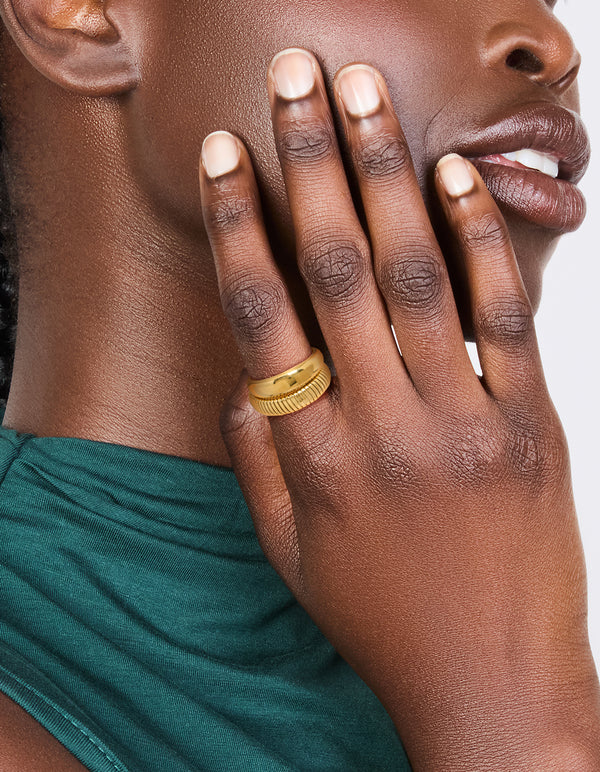 Waterproof Gold Plated Stainless Steel Plain & Ribbed Rings 2-Pack