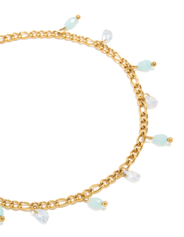 Waterproof Gold Plated Stainless Steel Aqua Beaded & Cubic Zirconia Droplets Anklet