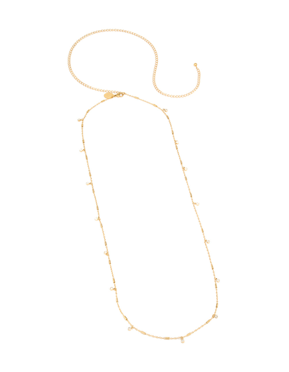 Showcasing a waterproof body chain charm details, made from gold plated stainless steel and cubic zirconia in a dainty design front view