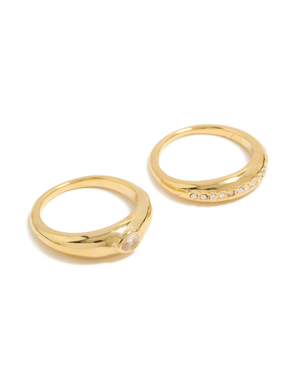 Waterproof Gold Plated Stainless Steel Bezel Set Cubic Zirconia Rings 2-Pack