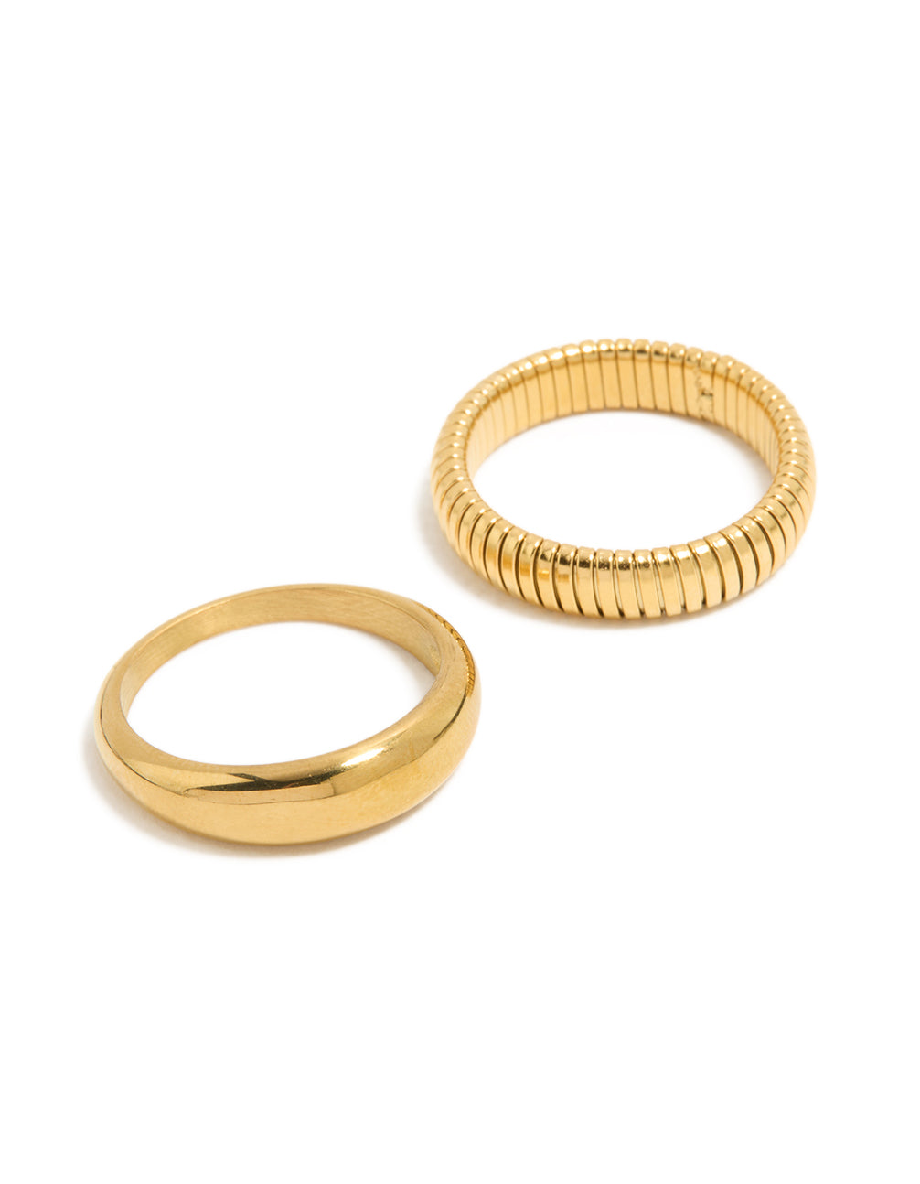 Waterproof gold plated stainless steel plain and ribbed rings in a 2-pack front view