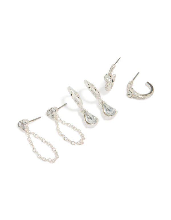 Silver Mixed Diamante & Chain Earrings 3-Pack