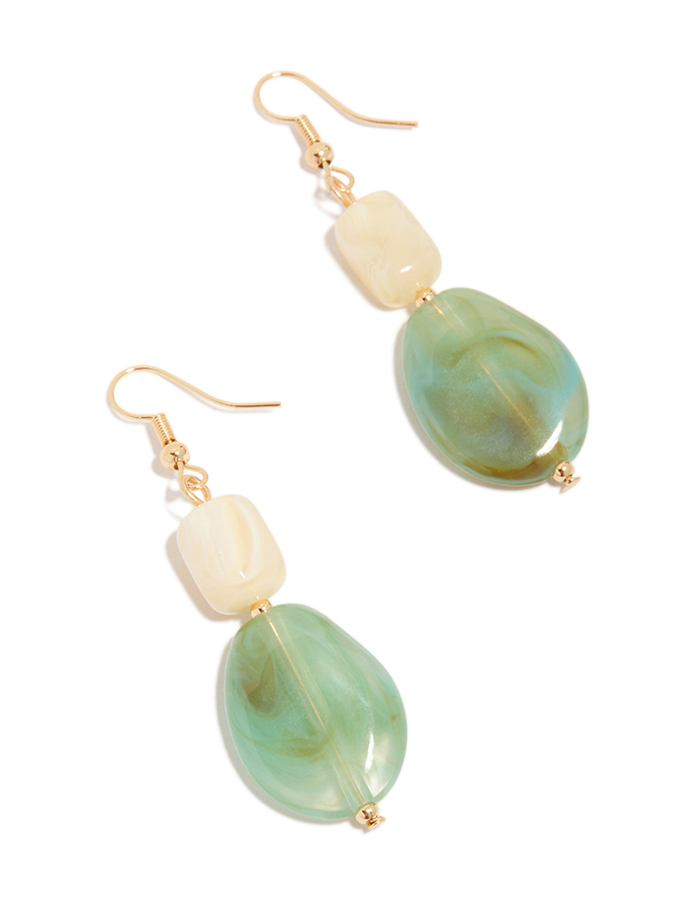 Showcasing statement drop earrings with beads in gold, ivory, and paleturquoise front view