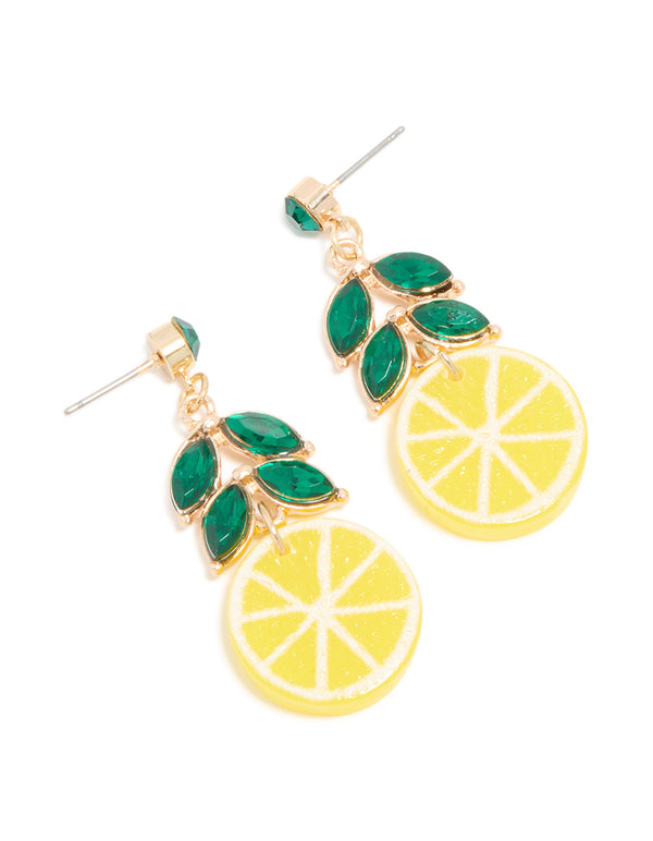 Showcasing statement drop earrings featuring fruit lemon with leaf details in gold front view