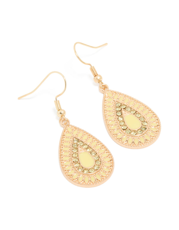 Showcasing gold diamante teardrop filigree drop earrings in statement style front view