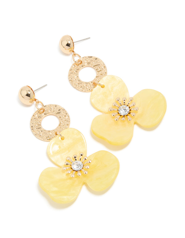 Beautifully crafted gold circle yellow flower drop earrings featuring in statement style front view