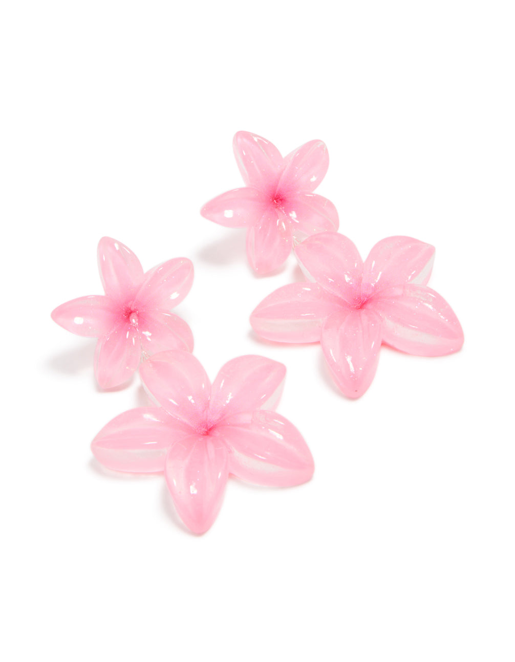 Showcasing statement drop earrings with acrylic frangipani flowers in a pink color front view