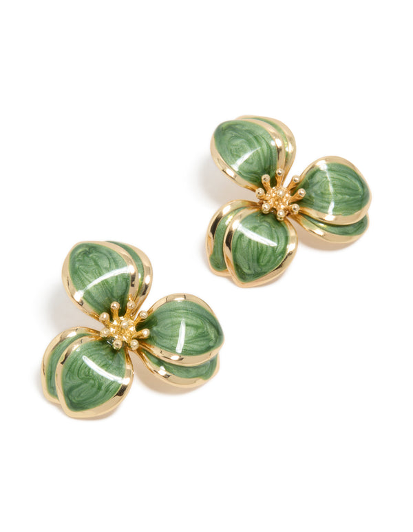 Elegantly crafted gold green three petal flower stud earrings featuring floral with stud closure front view