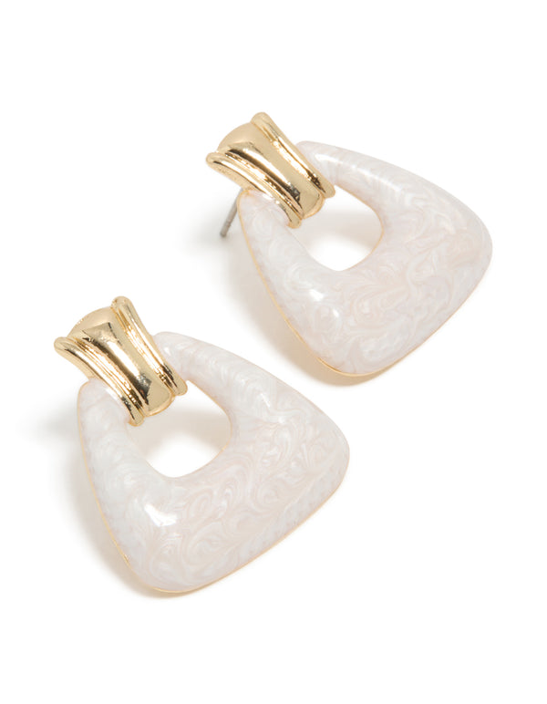 Showcasing a stud earrings in white and gold with marbled acrylic barbell design front view