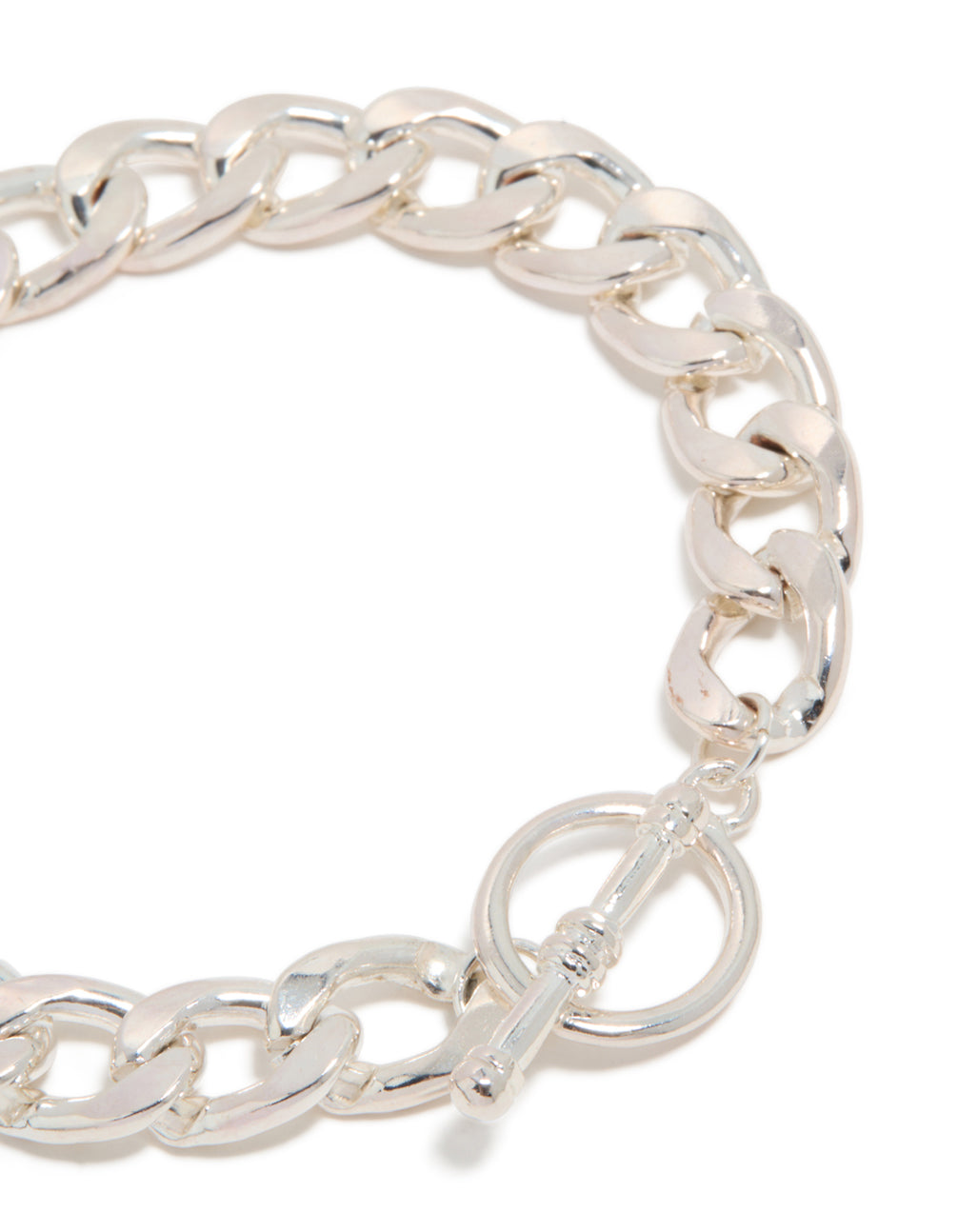 Featuring a silver chunky T-bar bracelet with bar detailing closure detail view