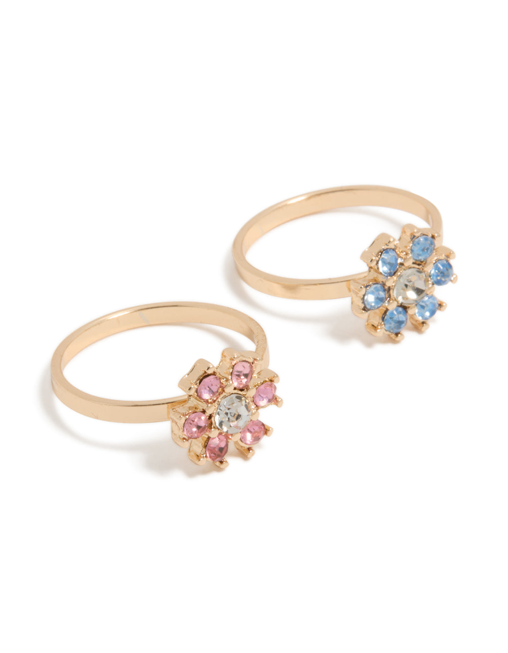 Statement floral diamante rings in gold with pink and blue stones, 2-pack front view