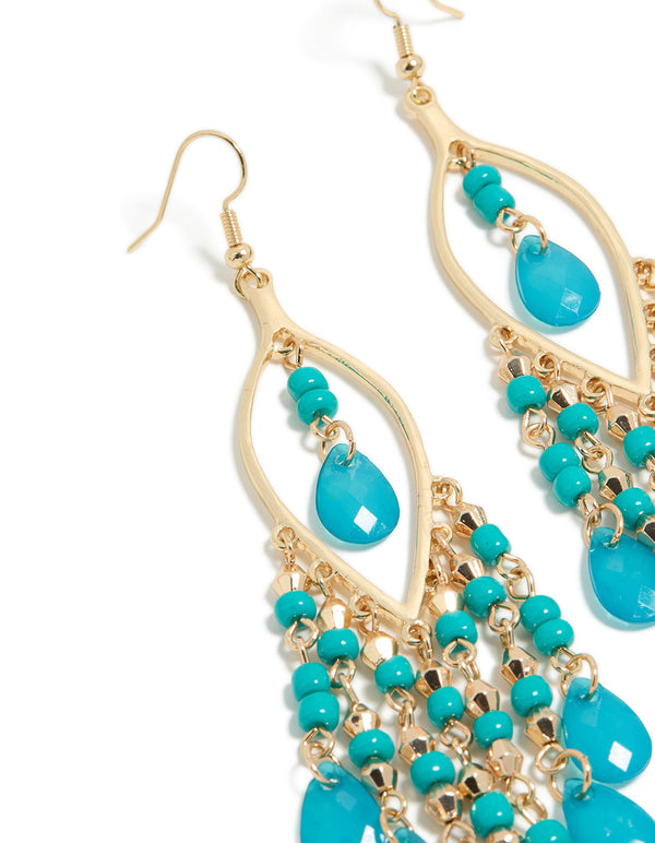 Gold Blue Beaded Oval Fish Hook Drop Earrings