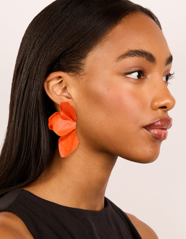 Orange Coated Metal Flower Petal Drop Earrings
