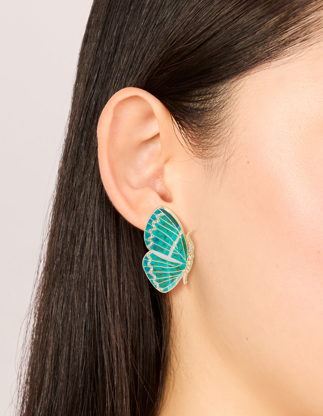 Gold Aqua Enamel Butterfly Stud Earrings