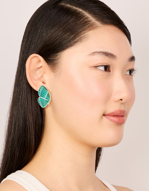 Gold Aqua Enamel Butterfly Stud Earrings