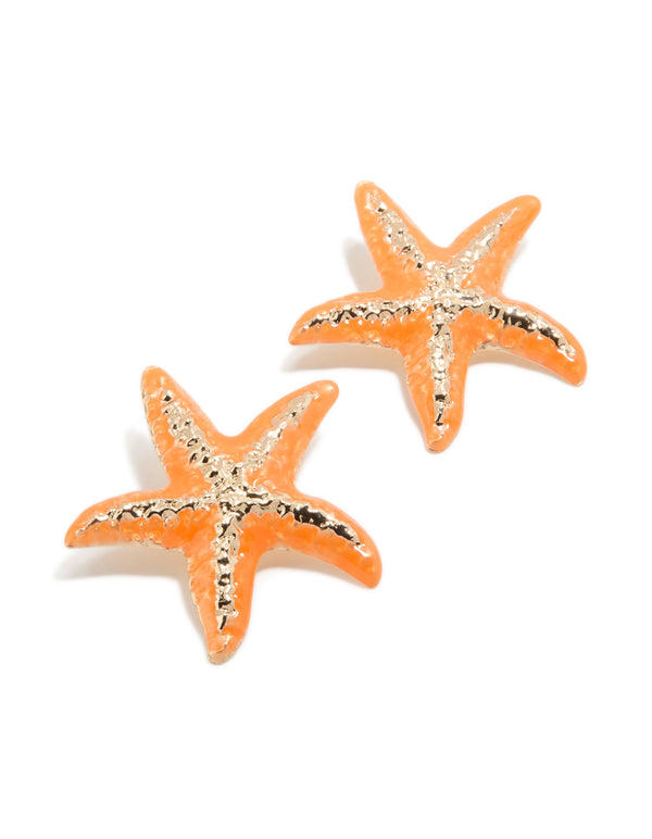 Orange Coated Metal Starfish Statement Stud Earrings