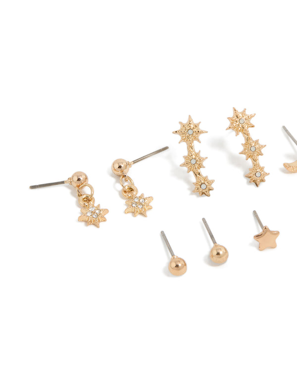 Gold Diamante Star & Moon Earrings 7-Pack
