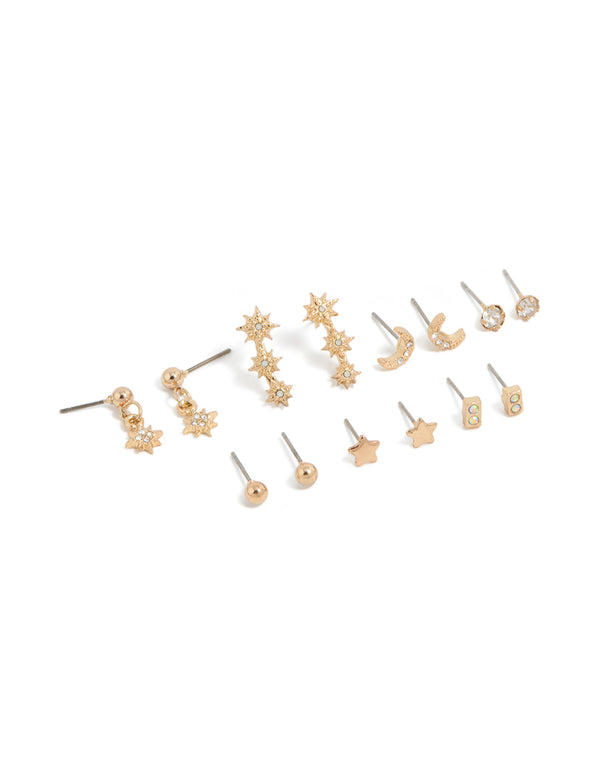 Gold Diamante Star & Moon Earrings 7-Pack