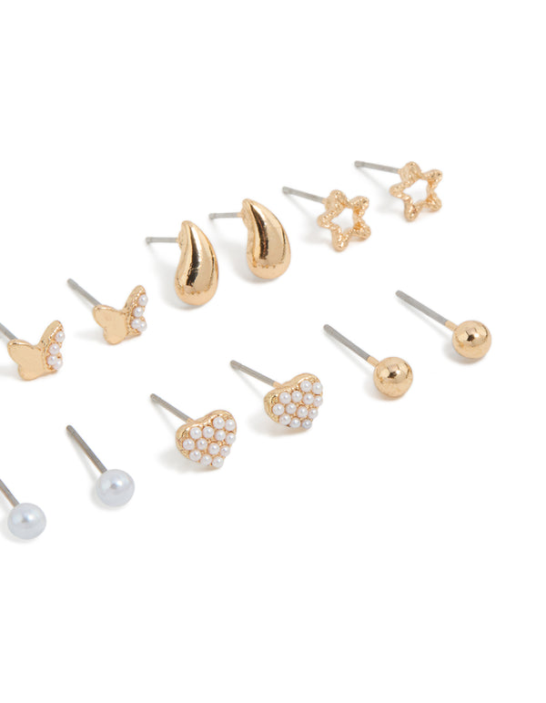 Gold Mini Pearl & Bow Stud Earrings 7-Pack
