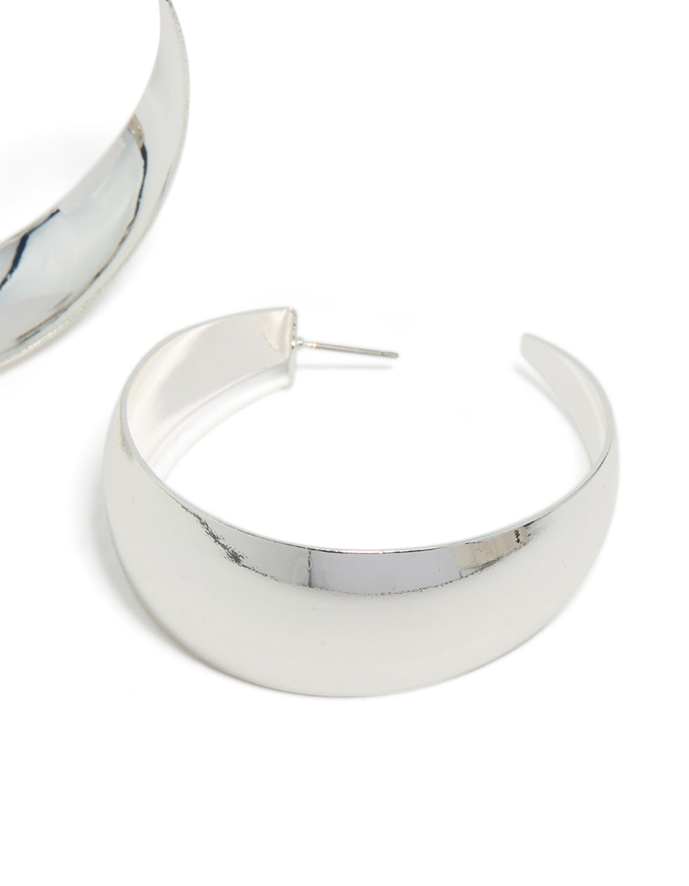 Crafted from silver plated smooth thick hoop earrings with closure post detail view