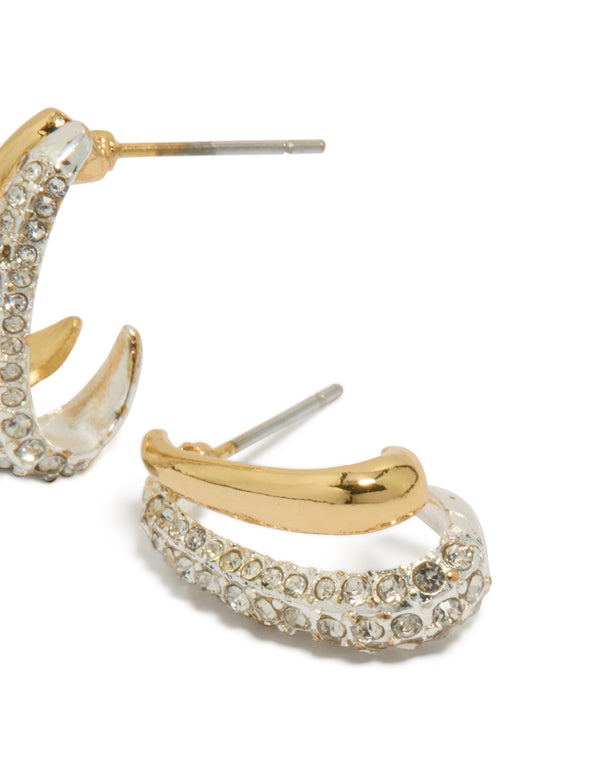 Featuring statement mixed metal double layered diamante earrings in gold and silver plated post detail view