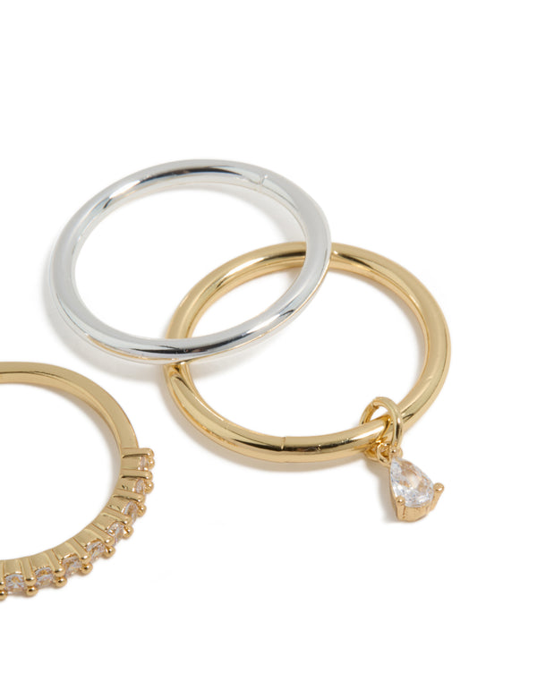 Crafted from mixed metal plated organic cubic zirconia rings 4-pack with charm in gold and silver tones side detail view