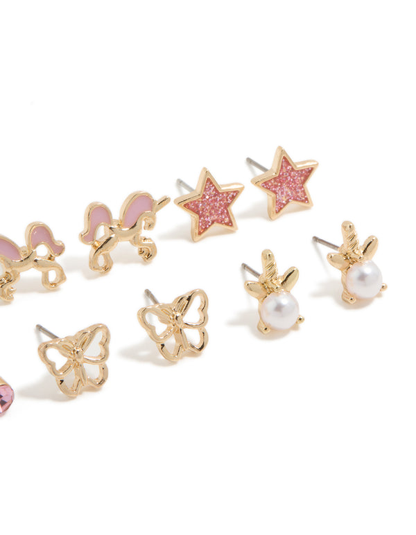 Charming kids gold pearl and unicorn stud earrings 6-pack with bow, butterfly, celestial and star featuring glitter in pink and white close up view