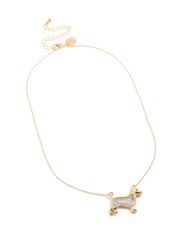 Discover a kids sausage dog shaker necklace featuring animal with glitter pendant in gold front view