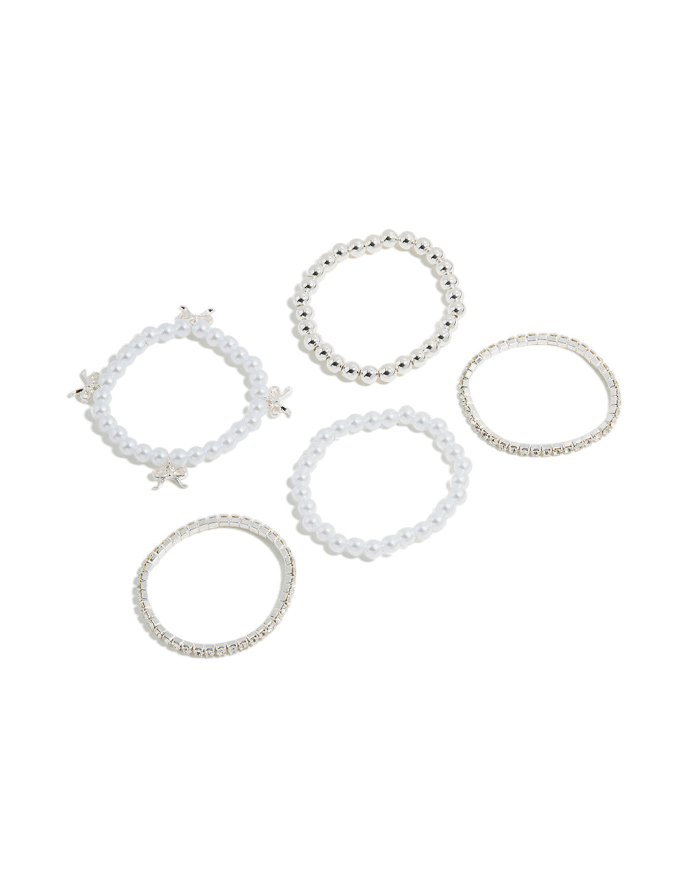 Showcase five kids stretch bracelets featuring beaded designs with bow charms and pearl accents in silver and white front view
