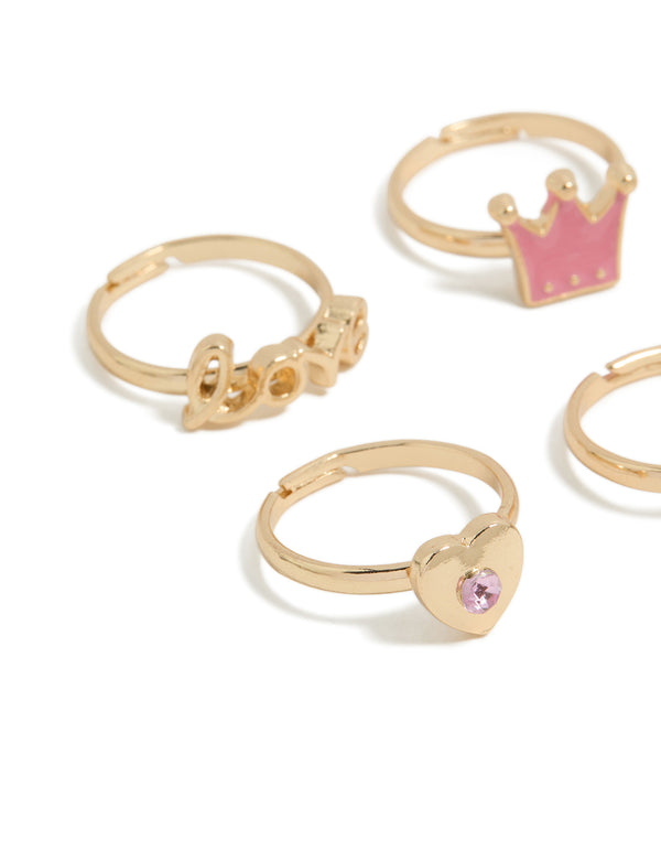 Featuring kids glitzy love and princess crown rings 6-pack with bow, heart and script in gold close up view