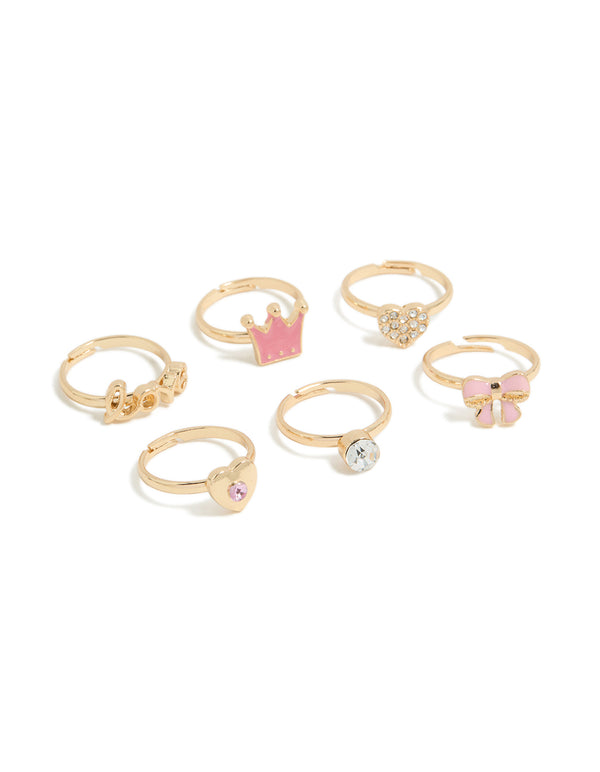 Showcasing kids glitzy love and princess crown rings 6-pack featuring bow, heart and script in gold front view