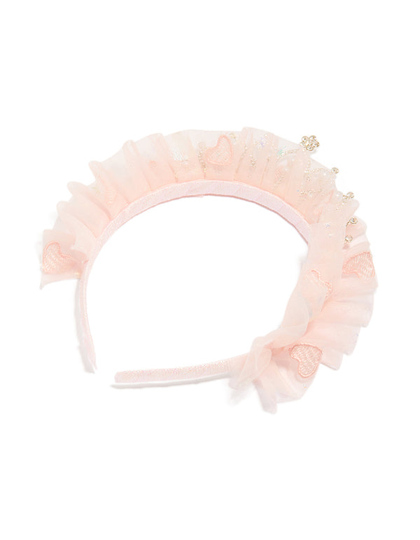 Presenting kids pink ballerina tutu frill tiara headband with pearl and in mixed metals side view