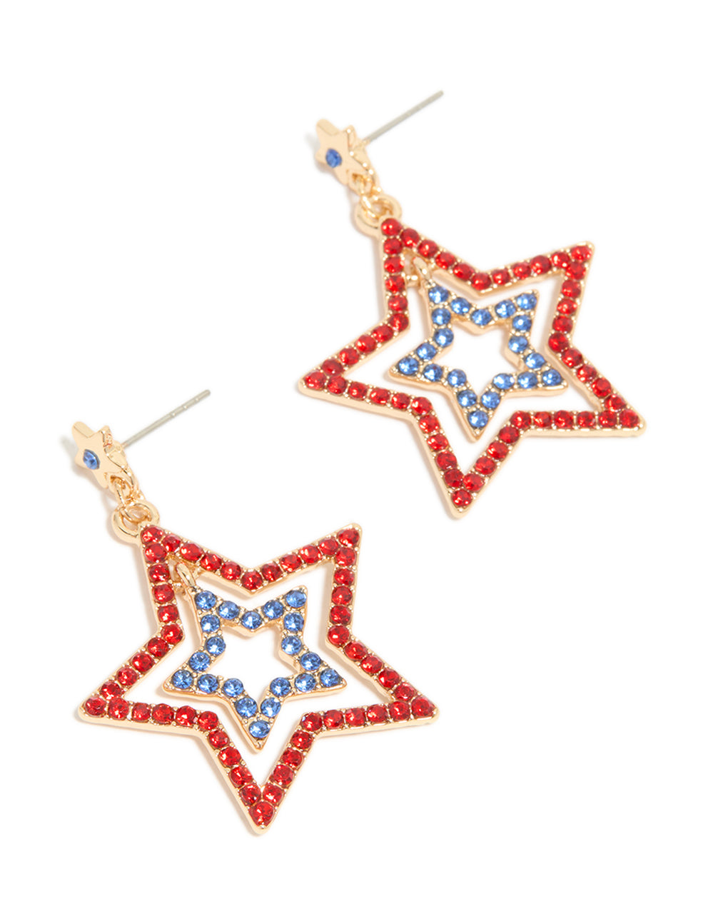 Gold Red & Blue Diamante Triple Star Drop Earrings