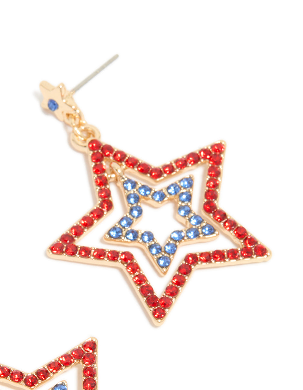 Gold Red & Blue Diamante Triple Star Drop Earrings