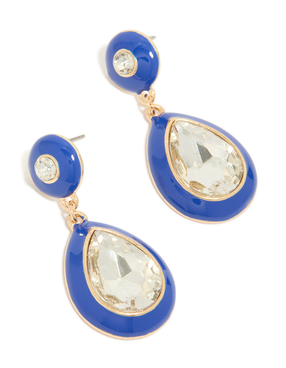 Gold Blue Enamel & Pear Clear Diamante Drop Earrings
