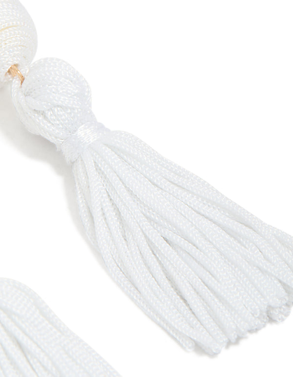 White Fabric Tassel Drop Earrings