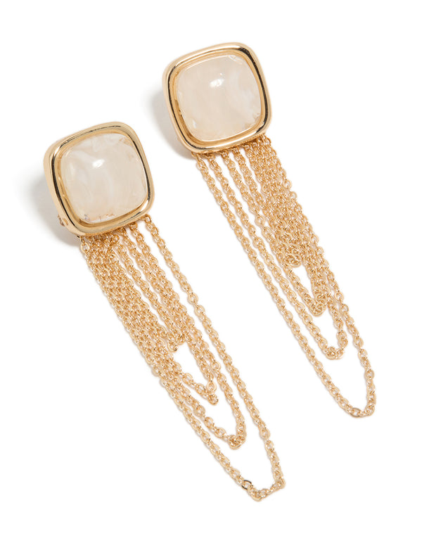 Gold White Stone & Layered Tassel Chain Drop Earrings