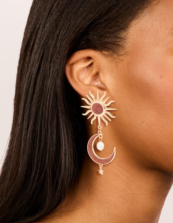 Gold Celestial Brown Marble Drop Earrings