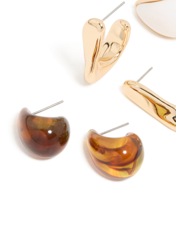 Gold Brown Acrylic & White Acrylic Earrings 3 Pack