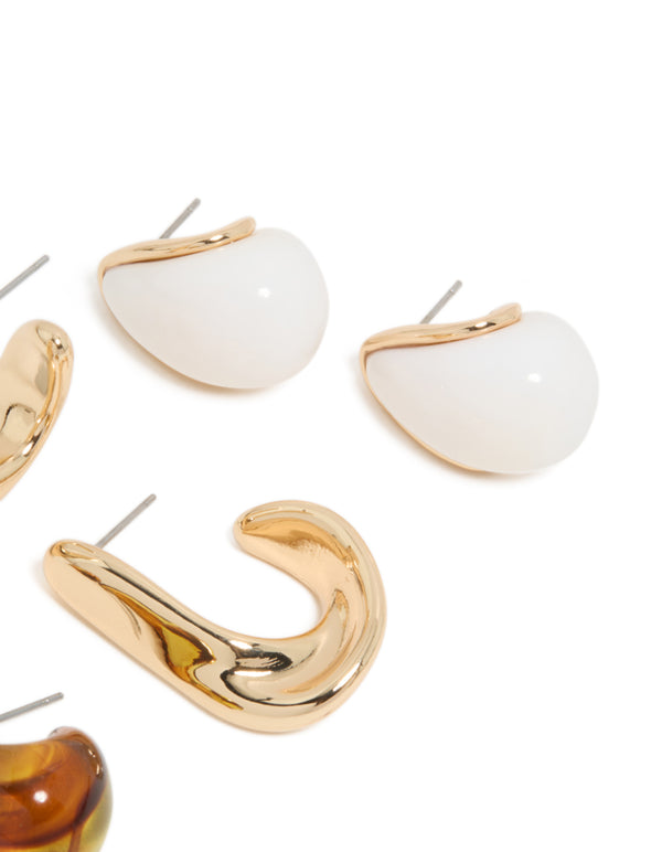 Gold Brown Acrylic & White Acrylic Earrings 3 Pack