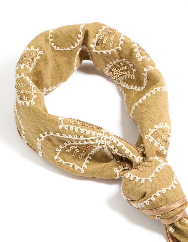 Beautifully designed brown floral sequin fabric scarf with statement appeal side view