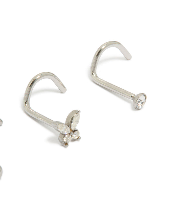 Featuring butterfly corkscrew nose studs with balls crafted from surgical steel and cubic zirconia in silver 3-pack detail view