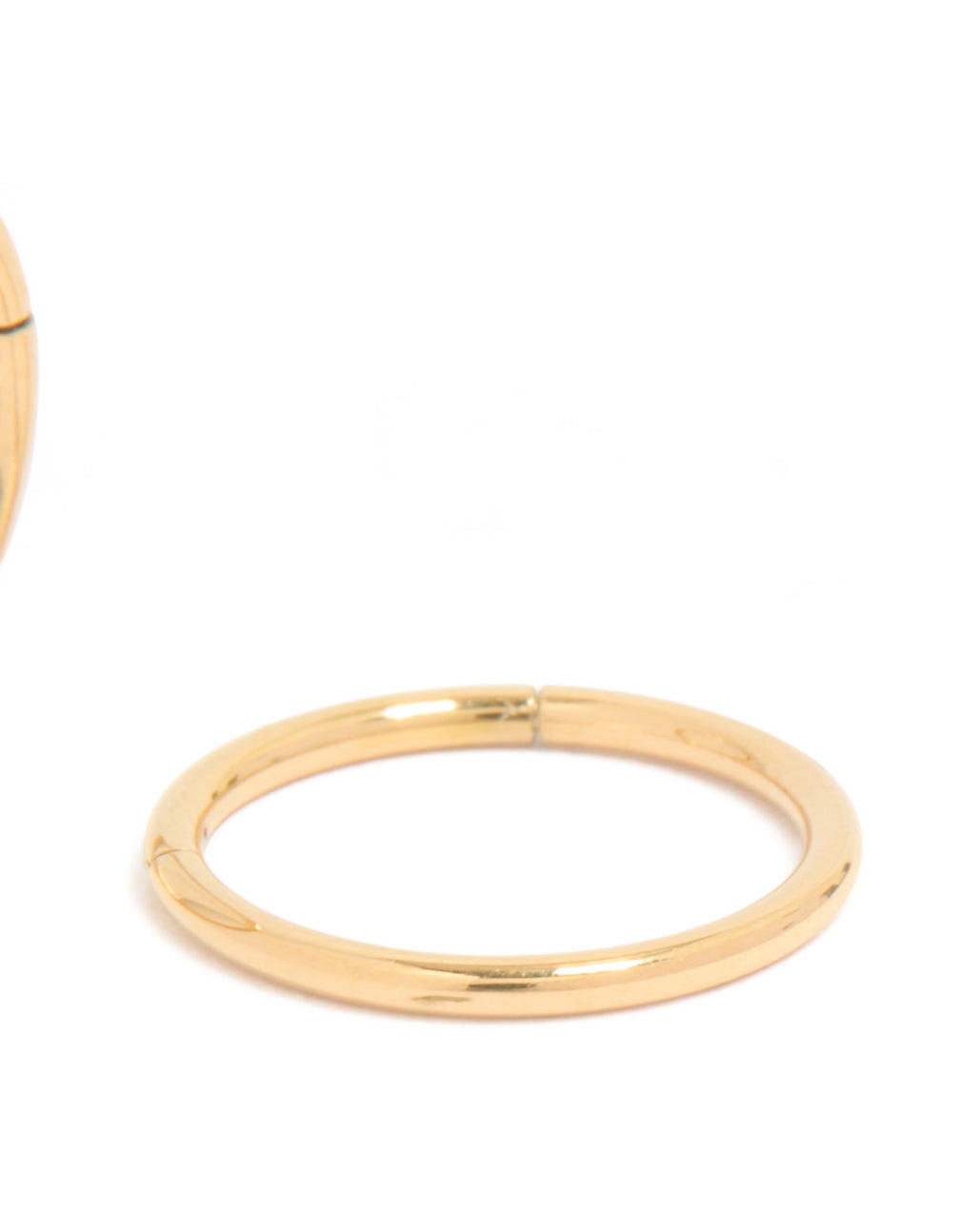 Showcasing gold plated titanium 10MM thick sleeper hoop earrings with clasp detail post detail view